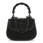 Moire Fabric Calfskin Rhinestone Monogram Monochrome Mini Bamboo 1947 Top Handle Chain Bag Black